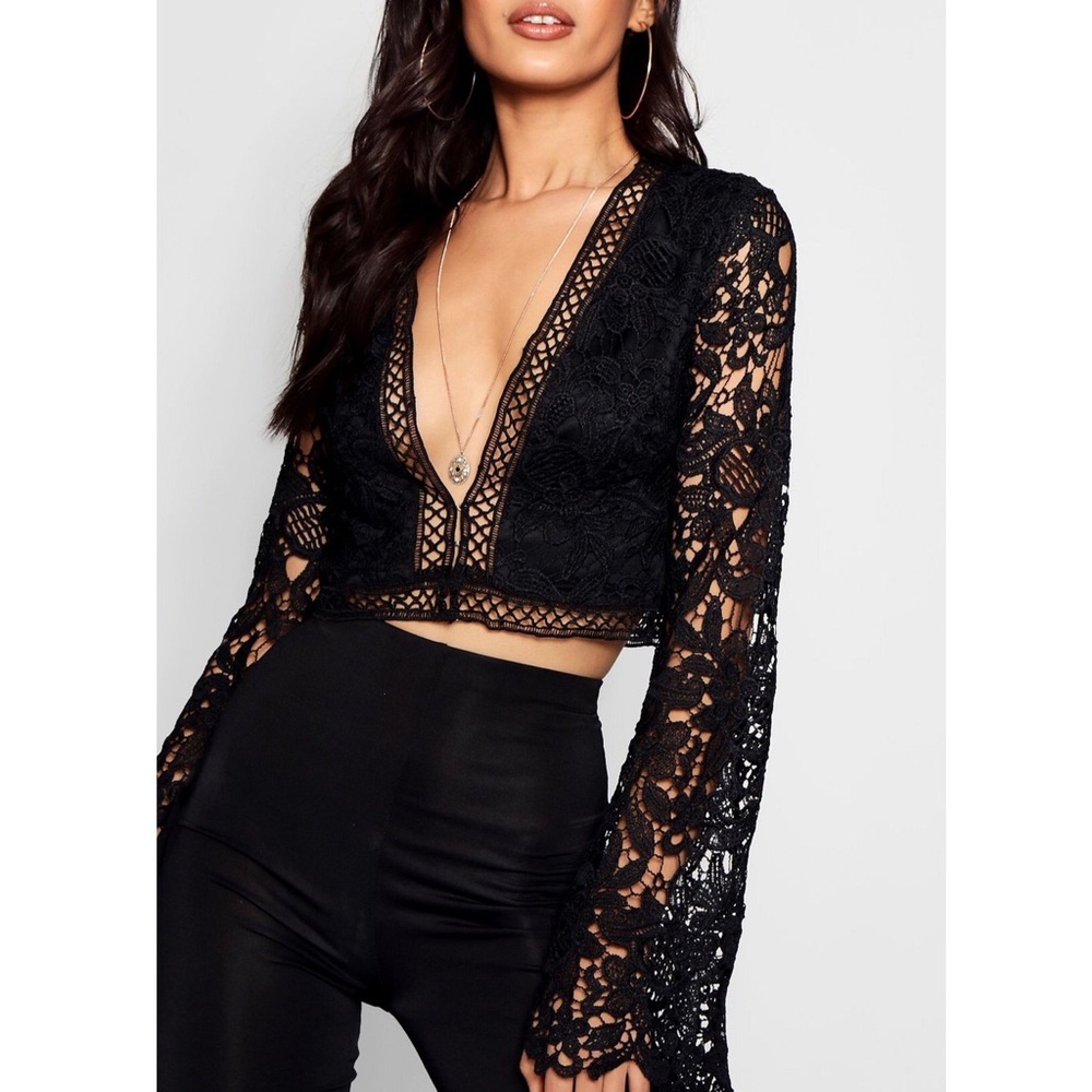 Flare Sleeve Plunge Lace Crochet Crop